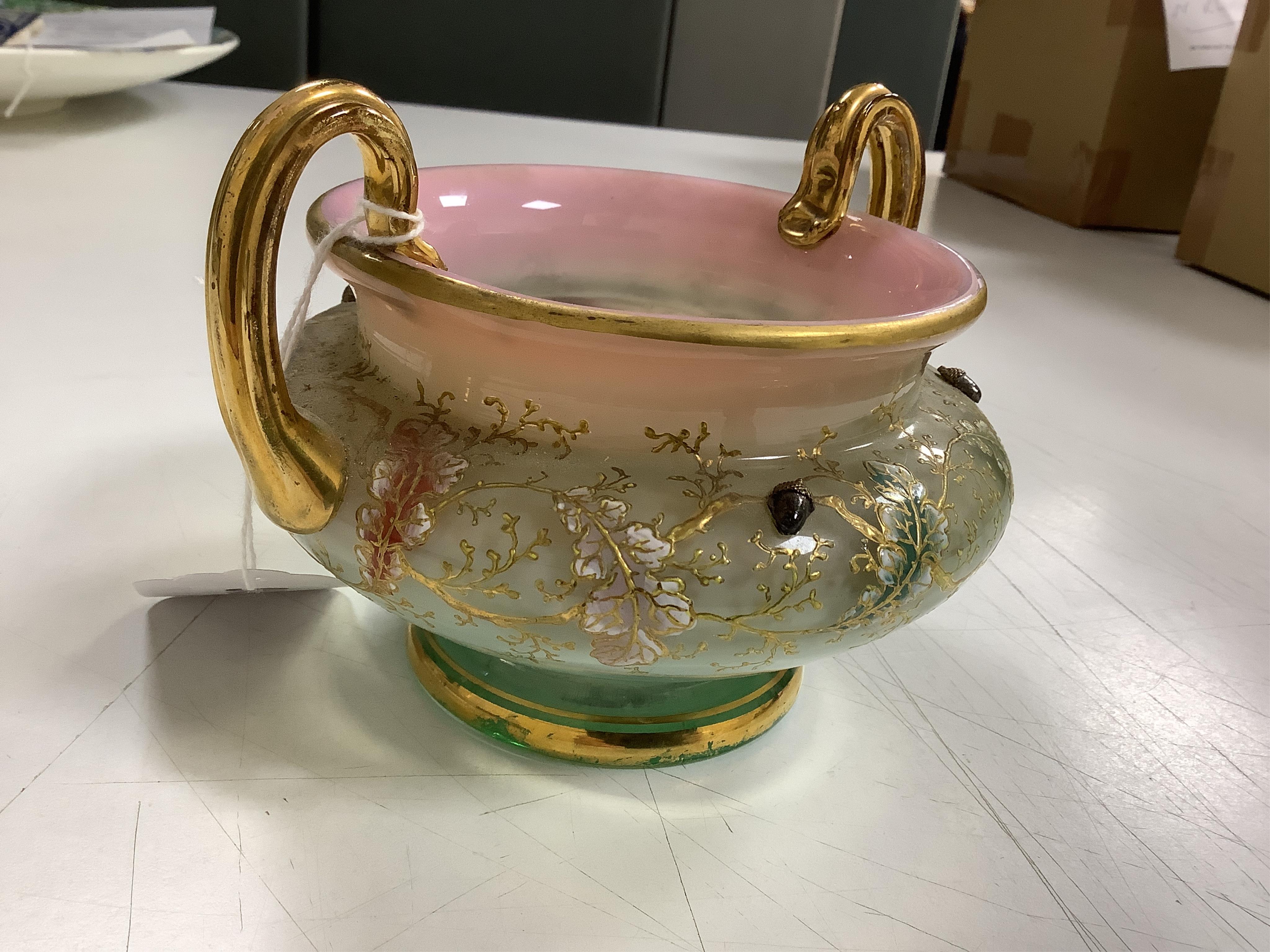 Three Bohemian gilt decorated glass vessels, including two Moser bowls and a tall Vaseline vase, 34.5cm high. Condition - good.